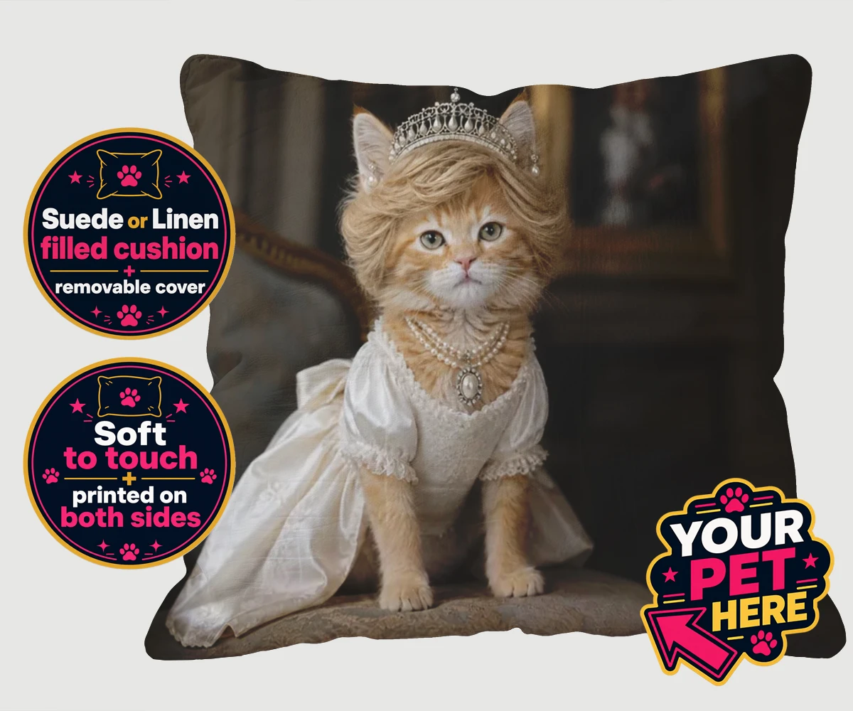 Personalised Queen of Hearts cat cushions featuring embrace the royal charm of the Queen of Hearts, a delightful custom po