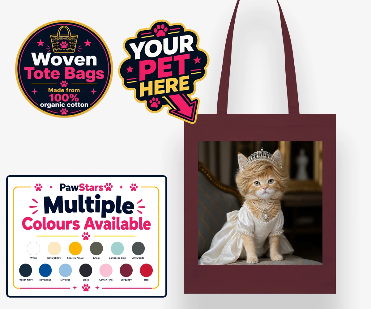 Personalised Queen of Hearts cat woven tote bags featuring embrace the royal charm of the Queen of Hearts, a delightful custom po