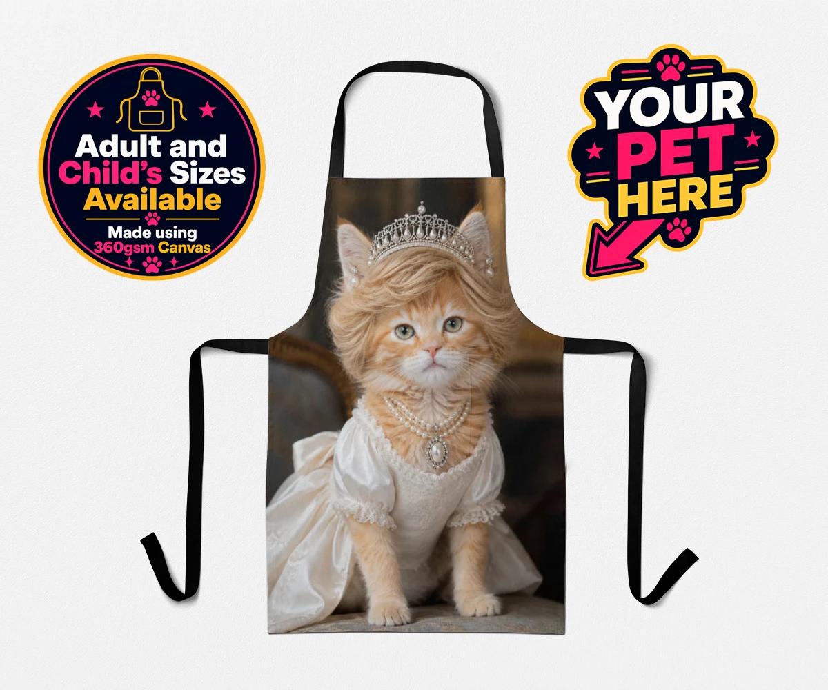 Personalised Queen of Hearts cat aprons featuring embrace the royal charm of the Queen of Hearts, a delightful custom po