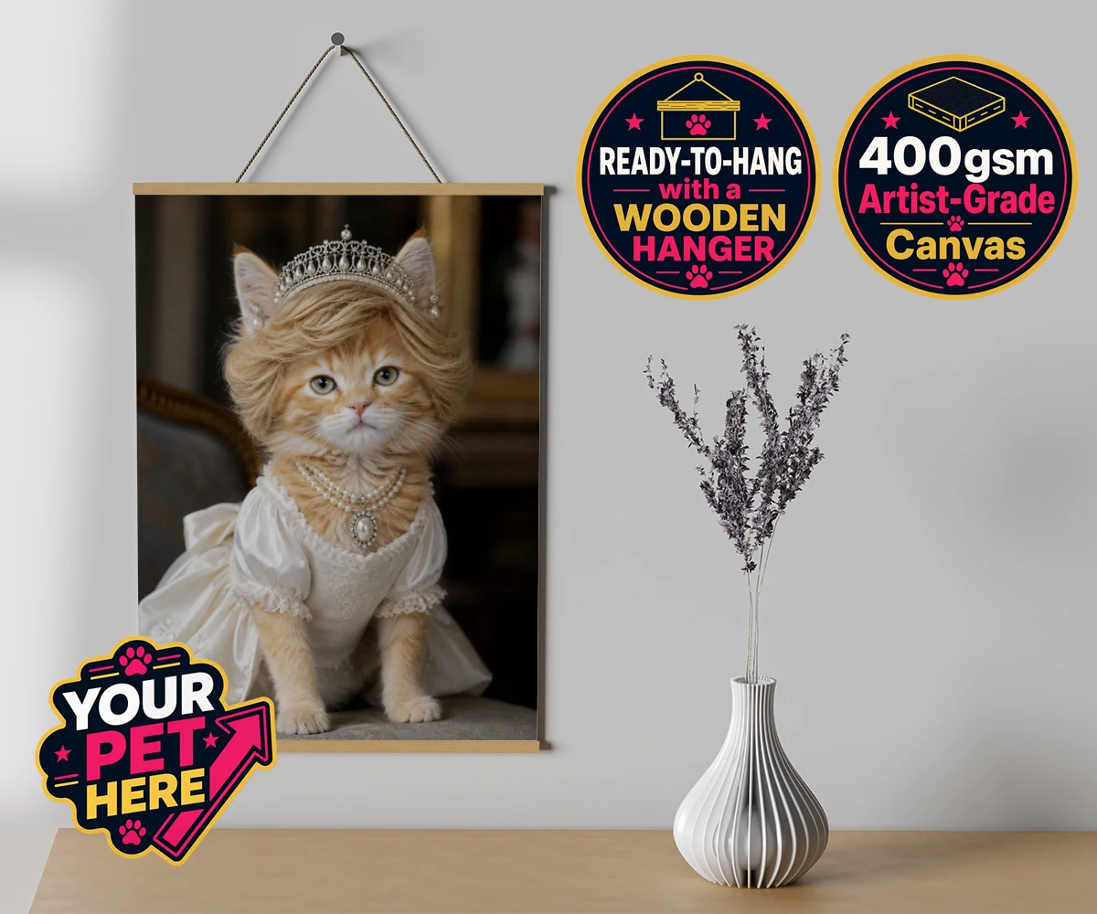 Personalised Queen of Hearts cat canvas poster prints with hanger featuring embrace the royal charm of the Queen of Hearts, a delightful custom po