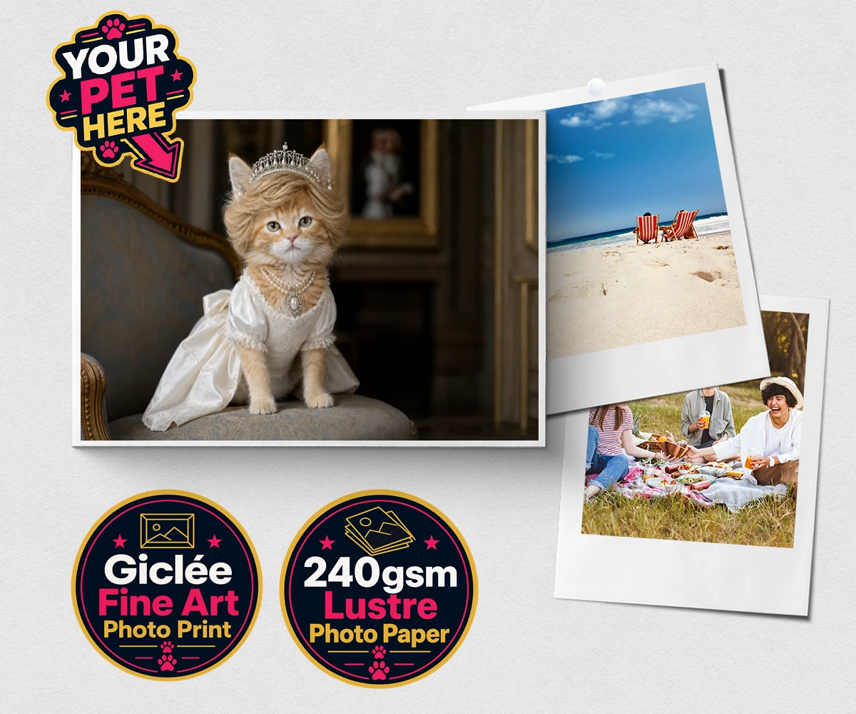 Personalised Queen of Hearts cat premium photo print featuring embrace the royal charm of the Queen of Hearts, a delightful custom po