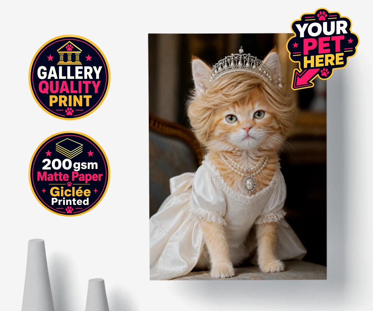 Personalised Queen of Hearts cat poster print showcasing a regal feline in an elegant gown with pearls