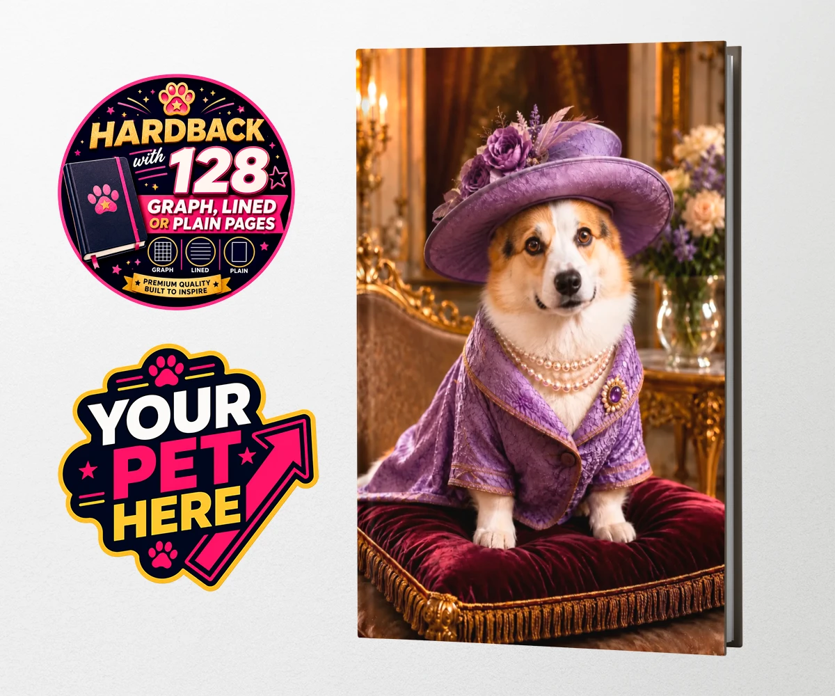Personalised Paws of the Palace dog hardback notebooks featuring an enchanting pet portrait that captures the regal spirit of your belo