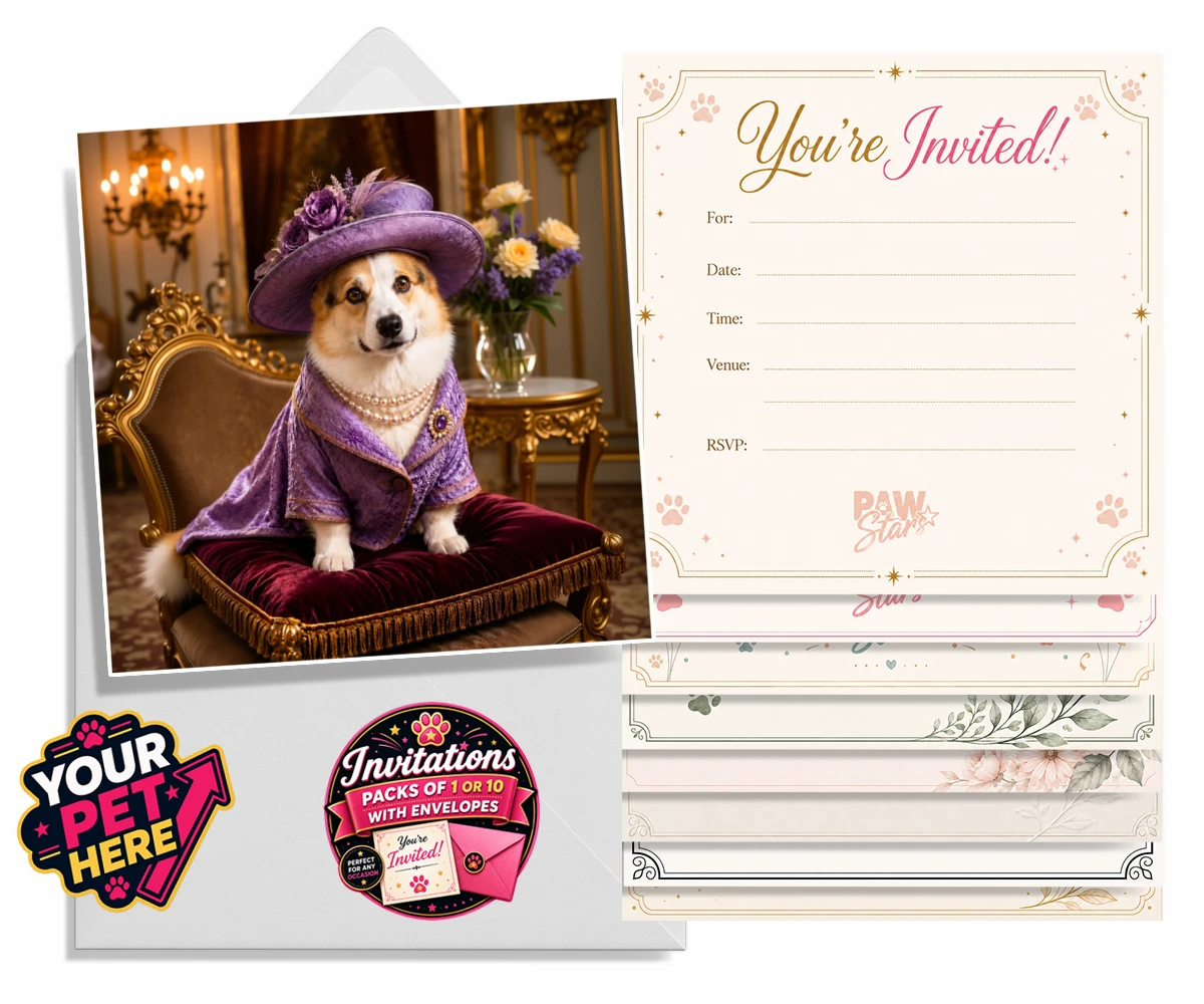 Personalised Paws of the Palace dog invitations featuring an enchanting pet portrait that captures the regal spirit of your belo