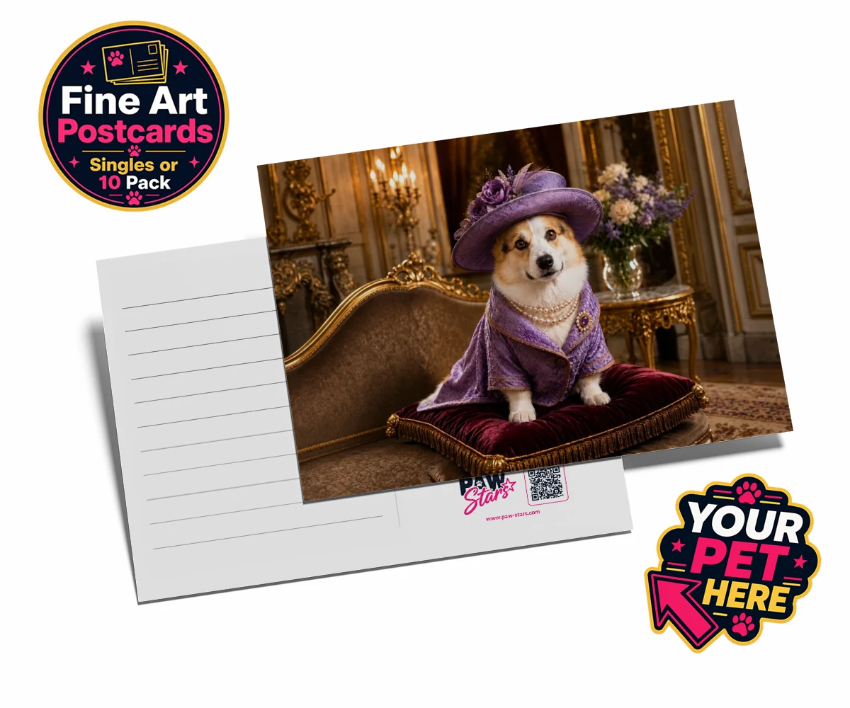 Personalised Paws of the Palace dog postcards featuring an enchanting pet portrait that captures the regal spirit of your belo