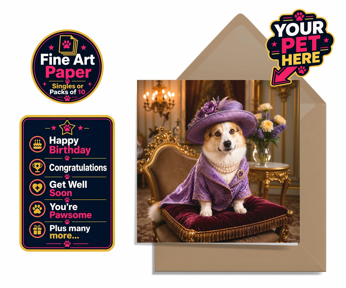 Personalised Paws of the Palace dog premium greetings cards featuring an enchanting pet portrait that captures the regal spirit of your belo