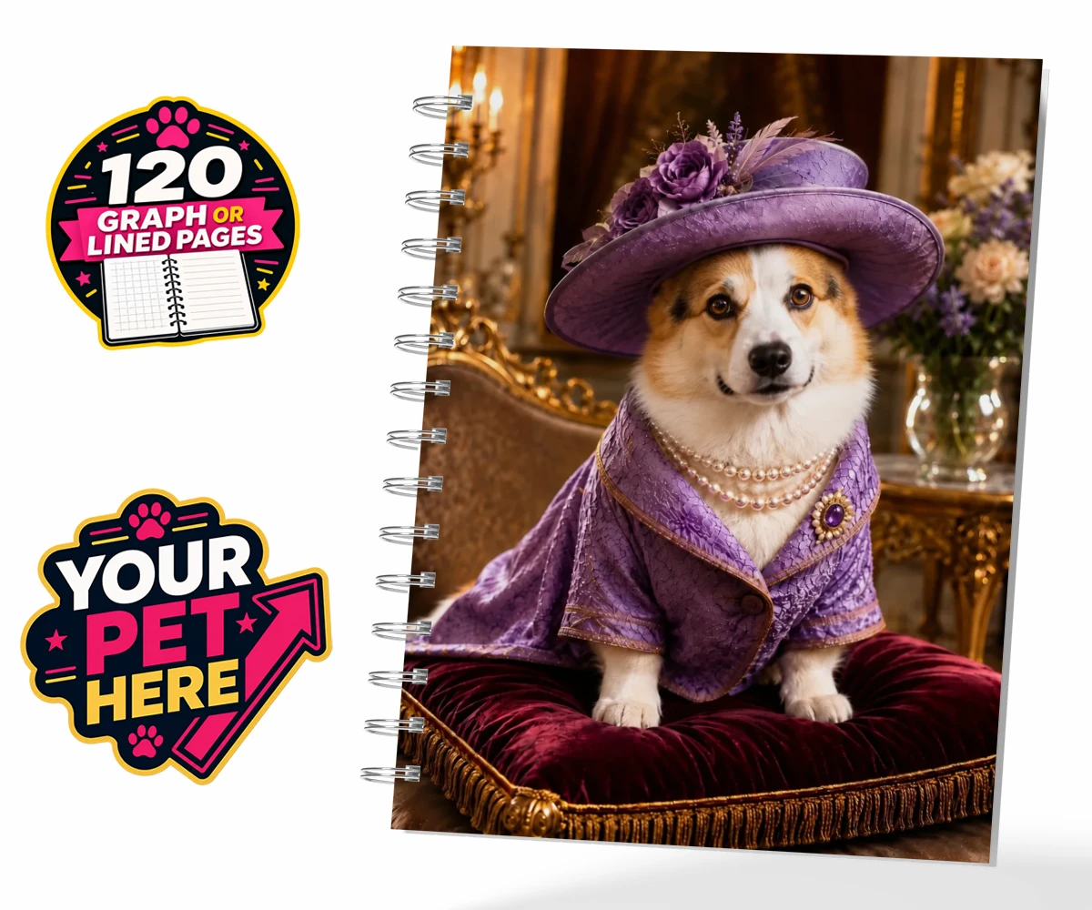 Personalised Paws of the Palace dog spiral notebook featuring an enchanting pet portrait that captures the regal spirit of your belo