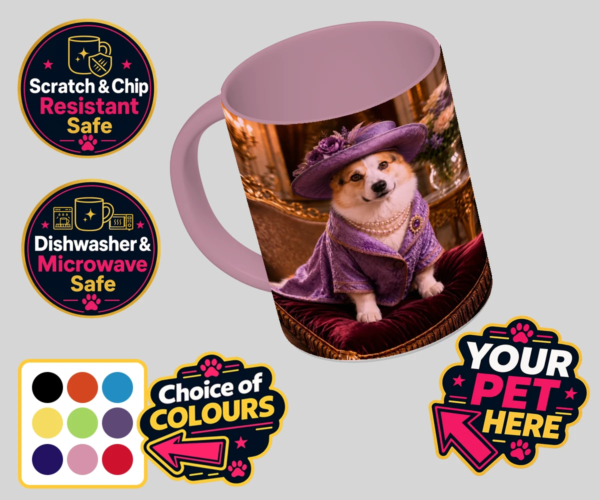 Personalised Paws of the Palace dog coloured photo mugs featuring an enchanting pet portrait that captures the regal spirit of your belo
