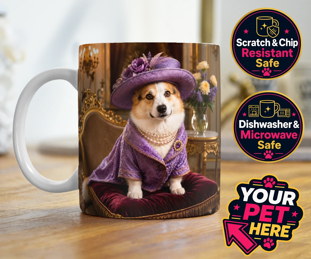 Personalised Paws of the Palace dog photo mugs featuring an enchanting pet portrait that captures the regal spirit of your belo