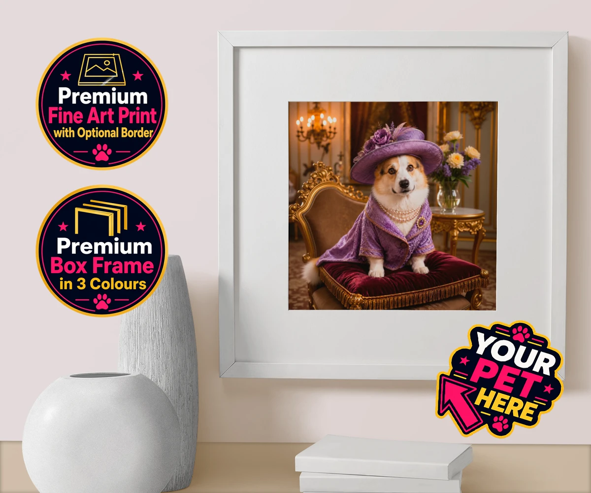 Personalised Paws of the Palace dog box framed print featuring an enchanting pet portrait that captures the regal spirit of your belo