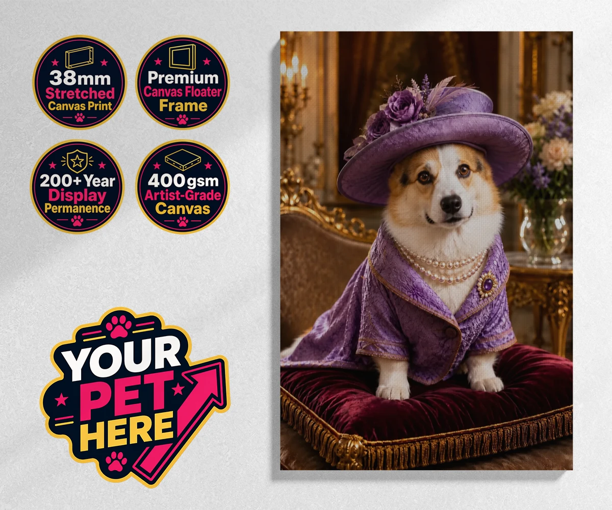 Personalised Paws of the Palace dog stretched canvas print featuring an enchanting pet portrait that captures the regal spirit of your belo