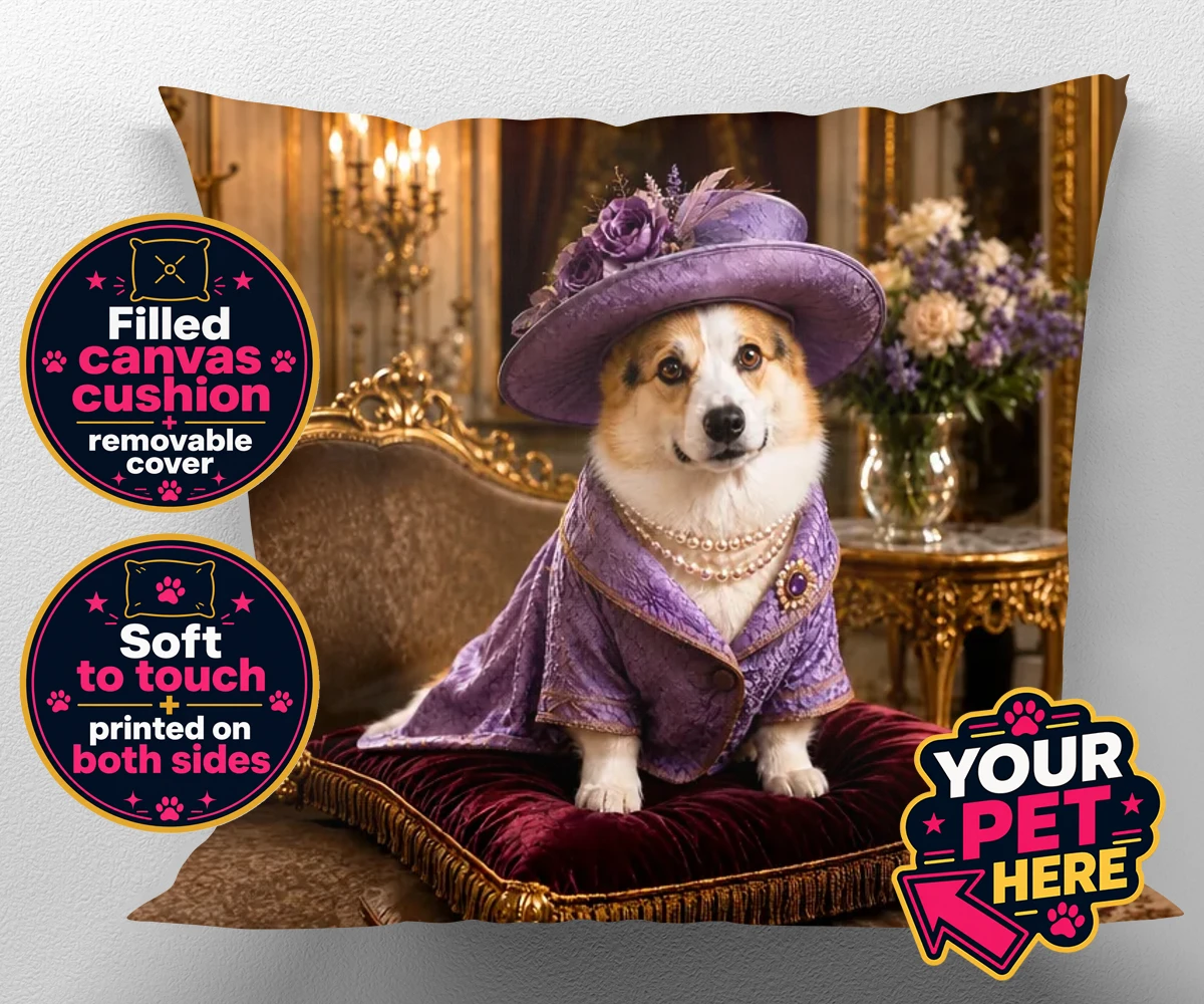 Personalised Paws of the Palace dog canvas cushions featuring an enchanting pet portrait that captures the regal spirit of your belo