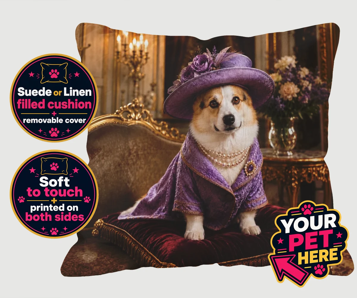 Personalised Paws of the Palace dog cushions featuring an enchanting pet portrait that captures the regal spirit of your belo