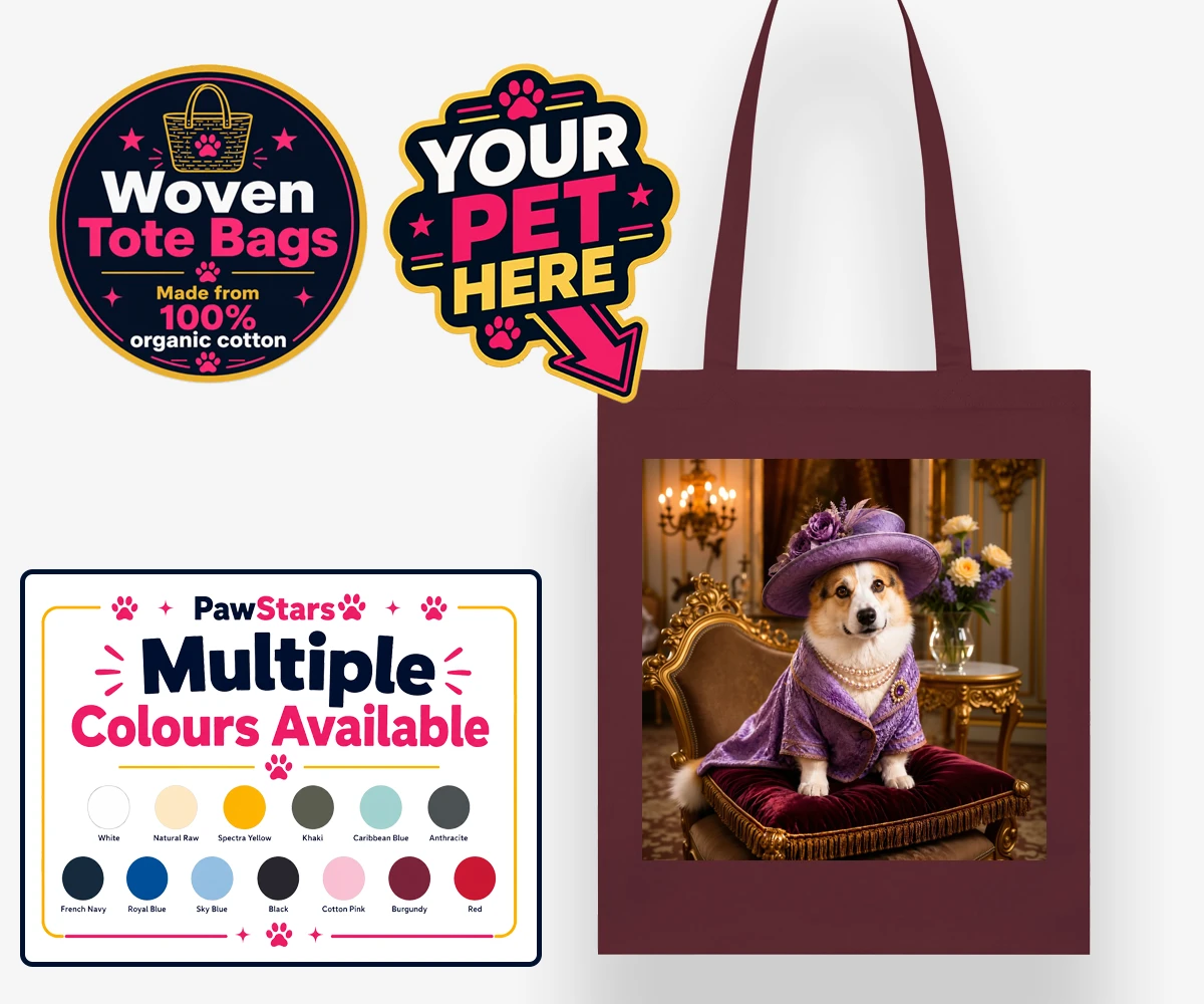 Personalised Paws of the Palace dog woven tote bags featuring an enchanting pet portrait that captures the regal spirit of your belo