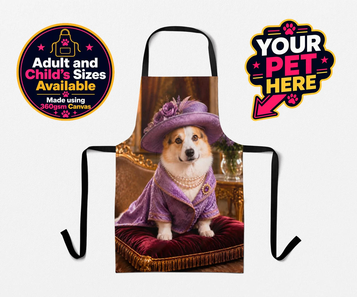 Personalised Paws of the Palace dog aprons featuring an enchanting pet portrait that captures the regal spirit of your belo