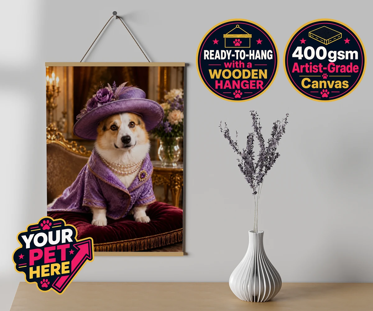 Personalised Paws of the Palace dog canvas poster prints with hanger featuring an enchanting pet portrait that captures the regal spirit of your belo