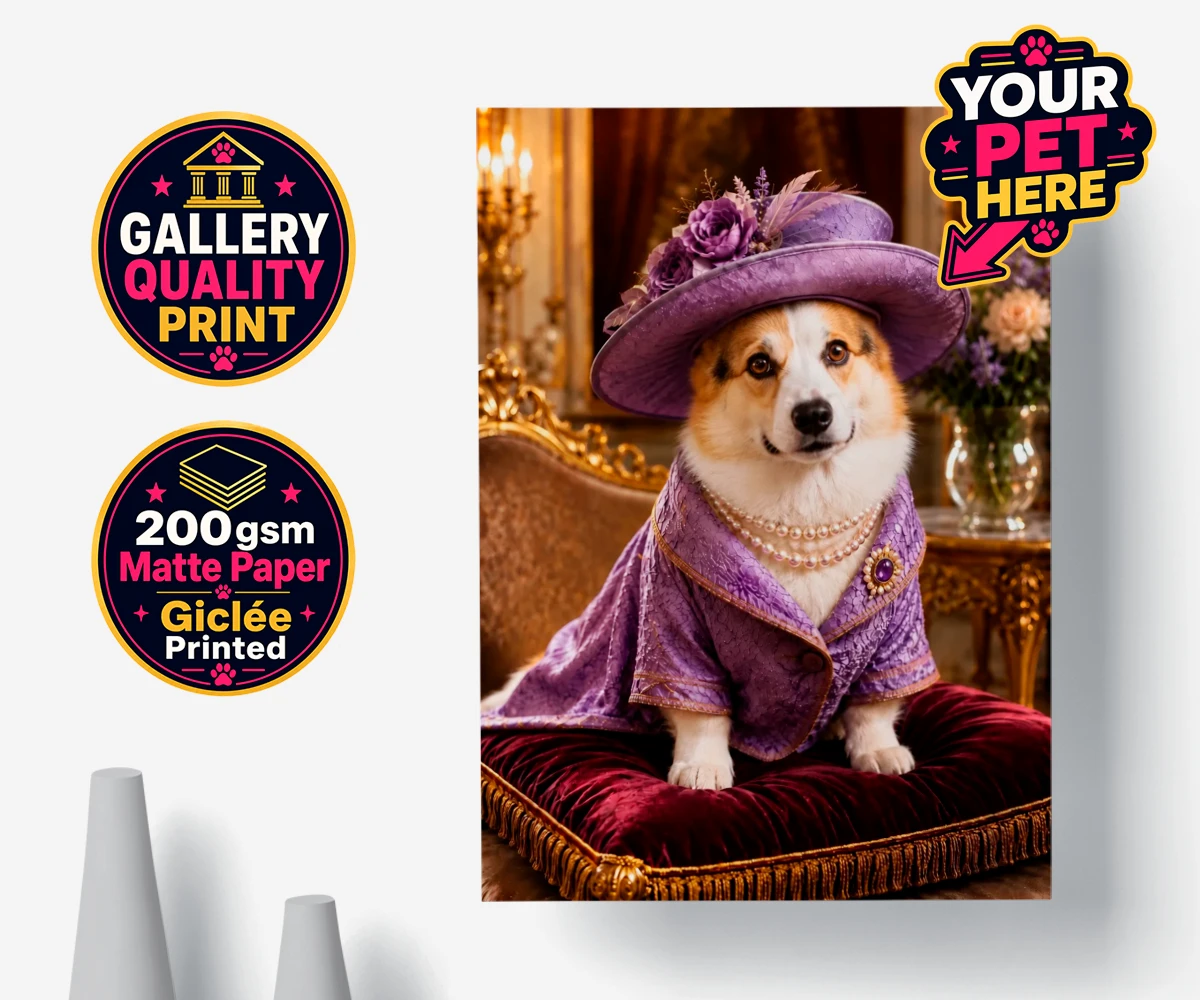 Personalised Paws of the Palace dog poster print featuring a dog in a purple gown and flowered hat