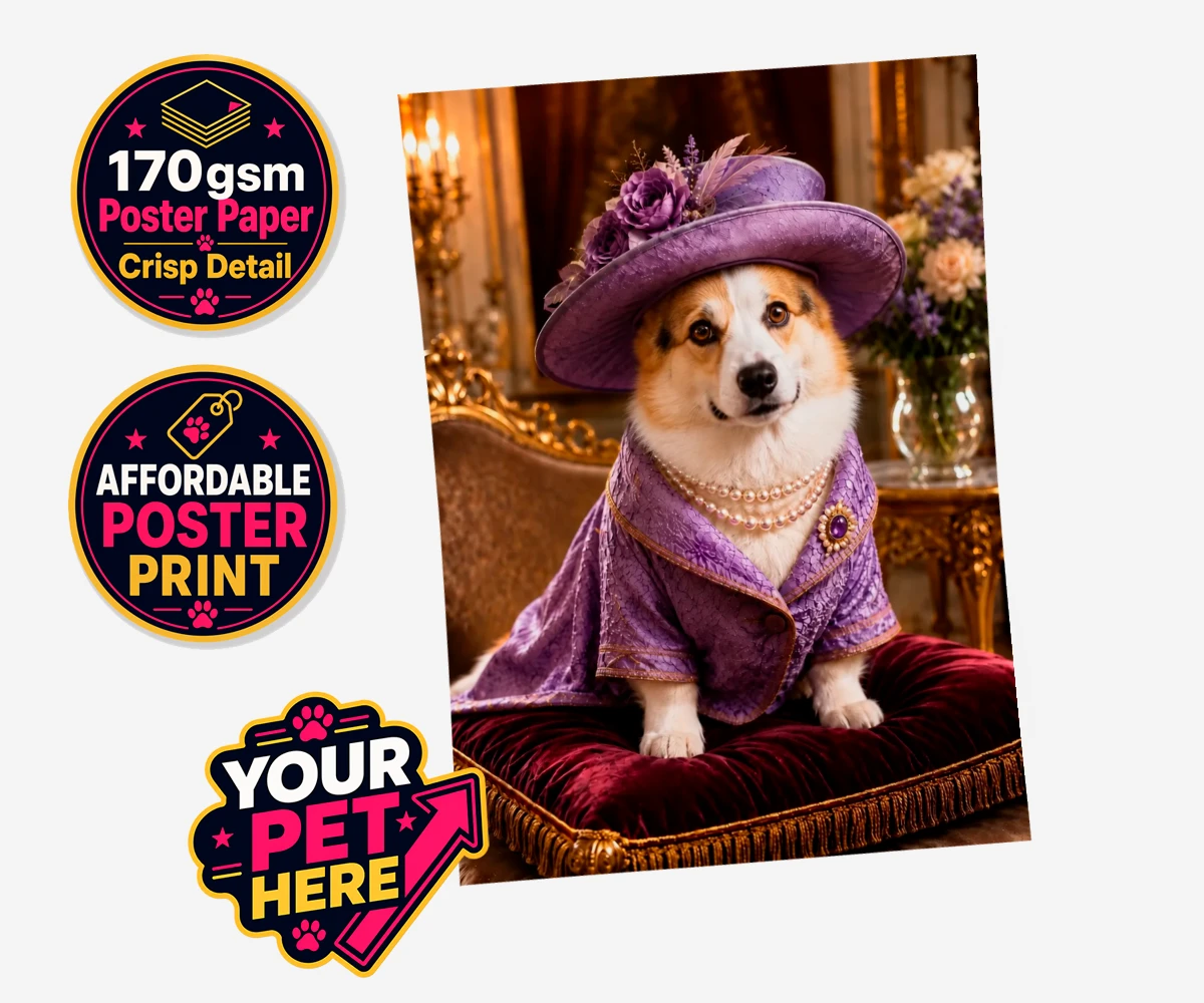 Personalised Paws of the Palace dog standard poster print featuring an enchanting pet portrait that captures the regal spirit of your belo