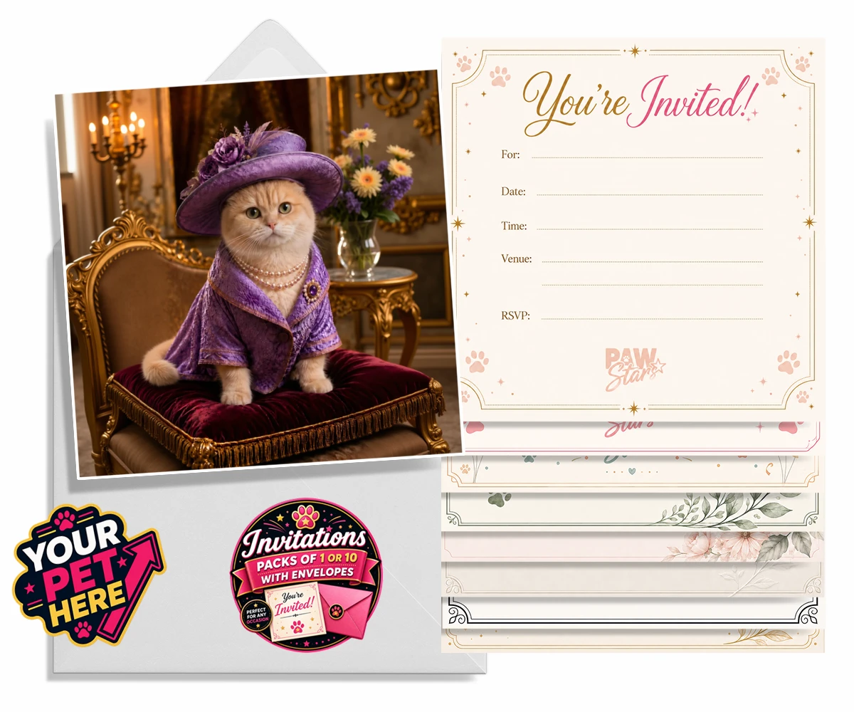 Personalised Paws of the Palace cat invitations featuring the regal feline who reigns supreme in the world of pampered pets