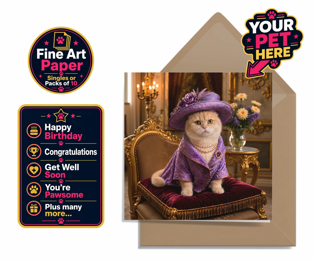 Personalised Paws of the Palace cat premium greetings cards featuring the regal feline who reigns supreme in the world of pampered pets