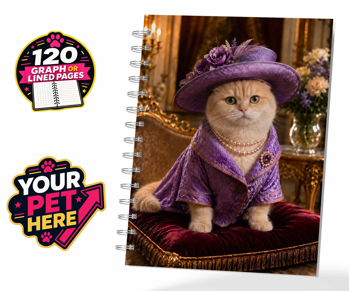 Personalised Paws of the Palace cat spiral notebook featuring the regal feline who reigns supreme in the world of pampered pets
