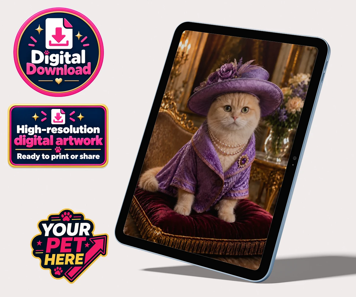 Personalised digital portrait of Paws of the Palace, a cat in a purple outfit with pearls and a floral hat, against an opulent backdrop.