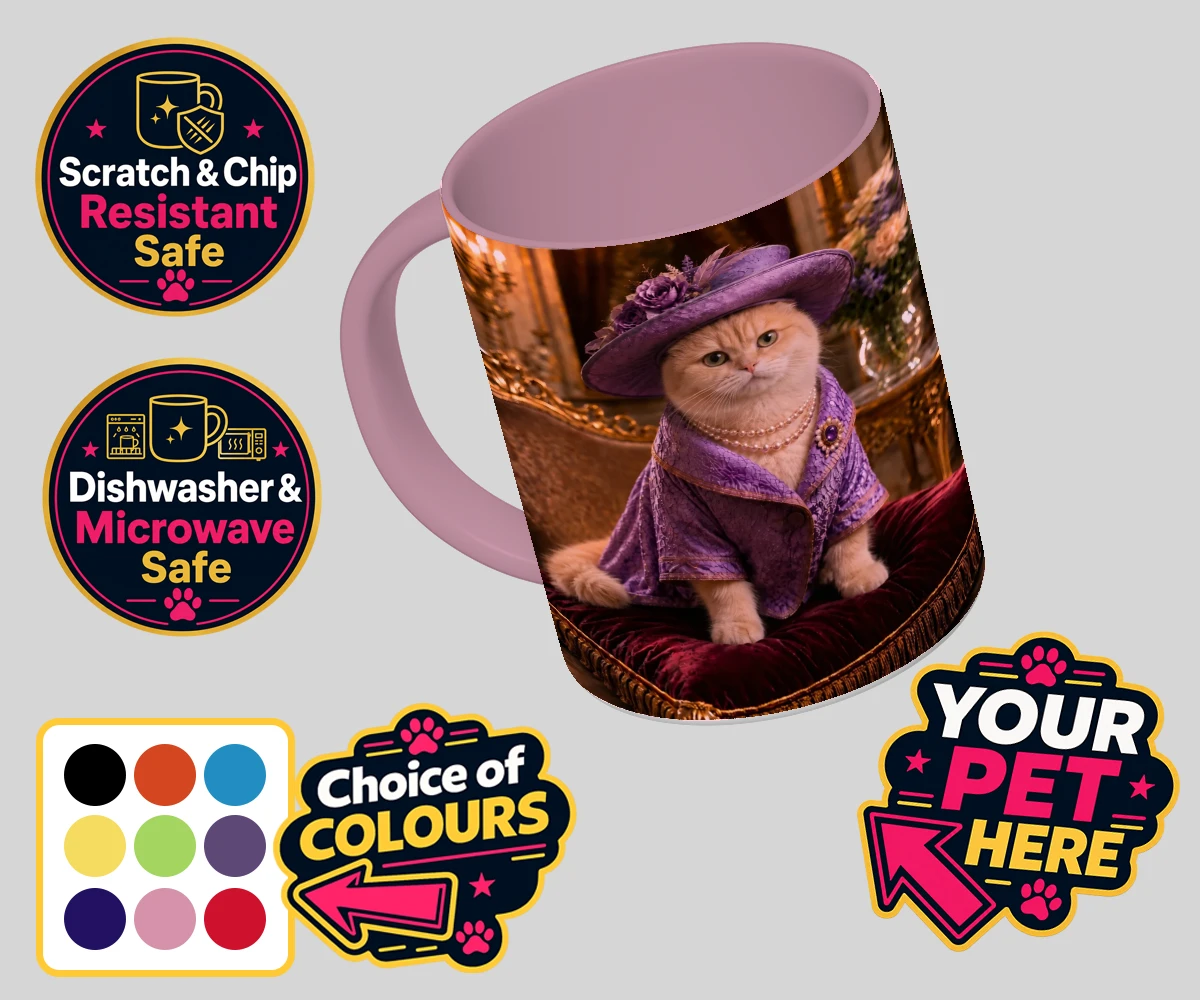 Personalised Paws of the Palace cat coloured photo mugs featuring the regal feline who reigns supreme in the world of pampered pets