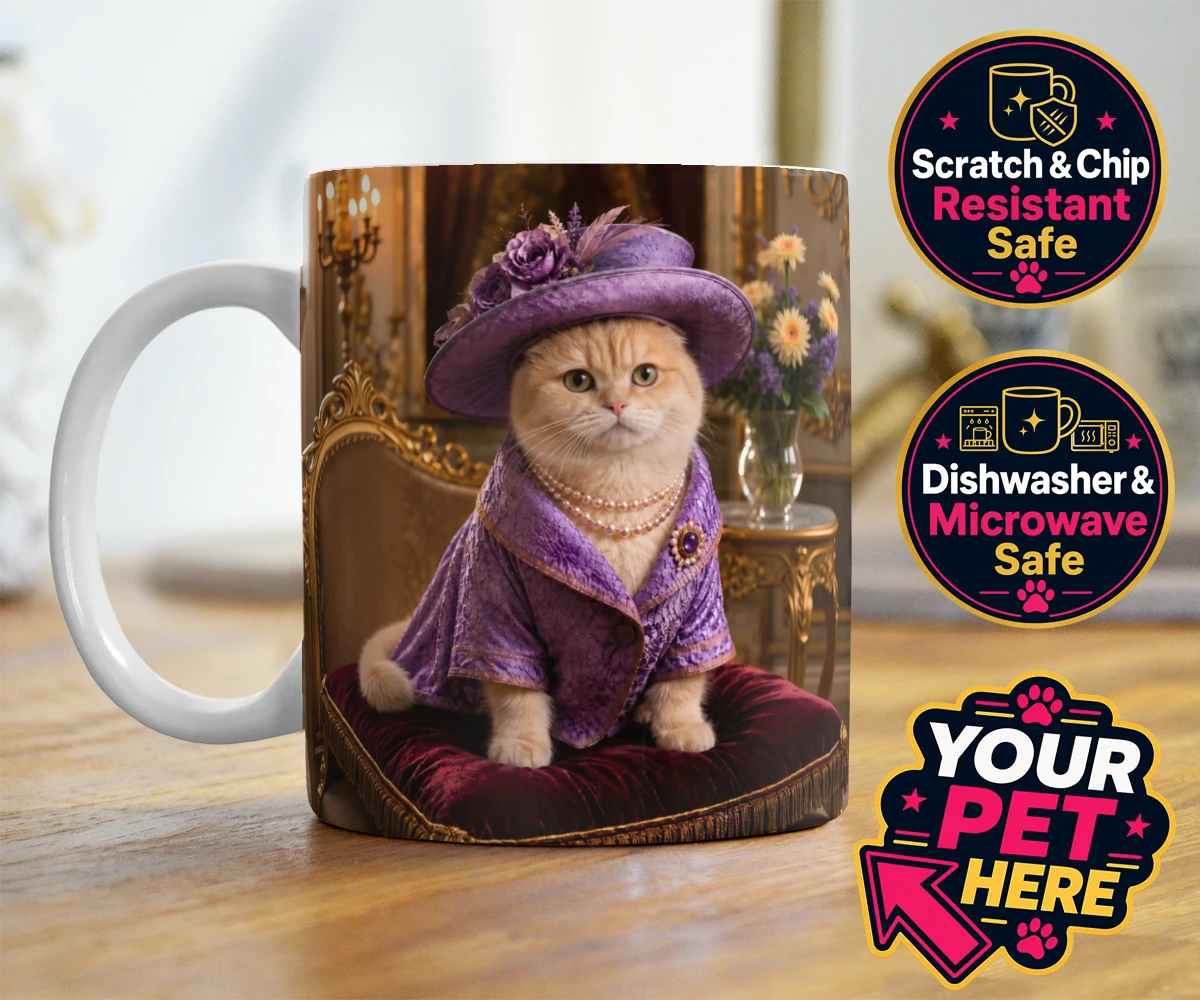 Personalised Paws of the Palace cat photo mugs featuring the regal feline who reigns supreme in the world of pampered pets