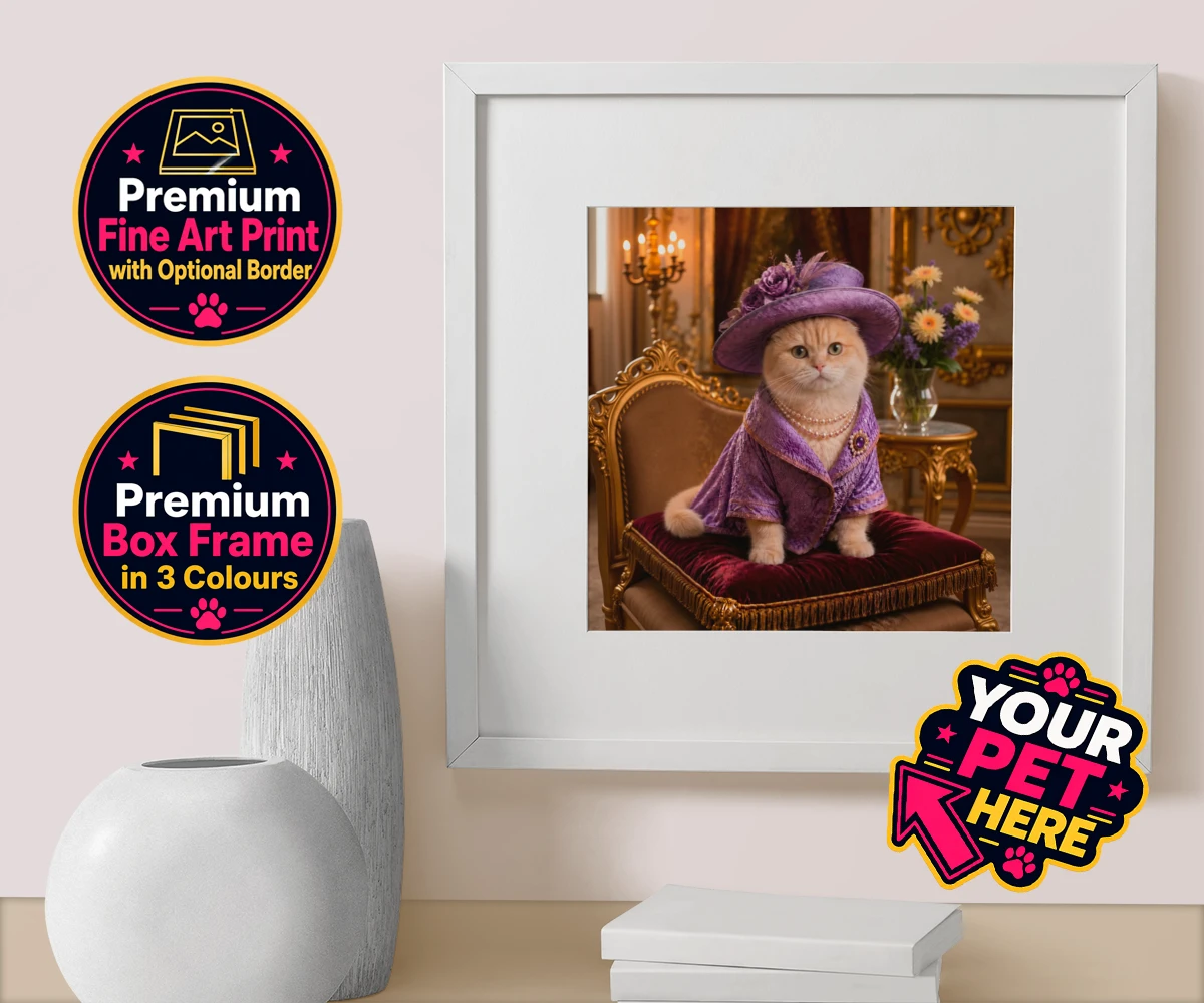 Personalised Paws of the Palace cat box framed print featuring the regal feline who reigns supreme in the world of pampered pets