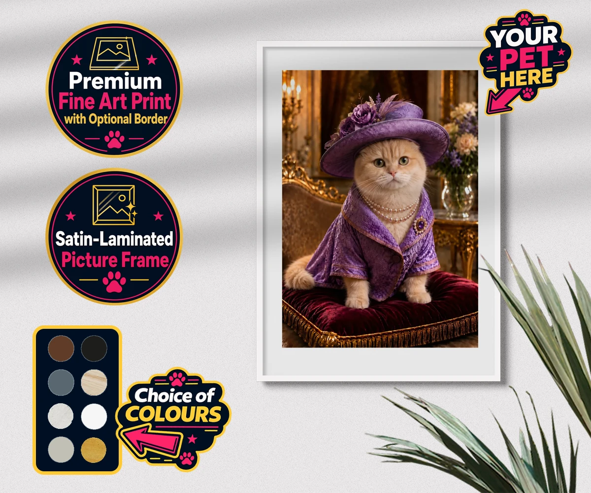 Personalised Paws of the Palace cat premium framed print featuring the regal feline who reigns supreme in the world of pampered pets