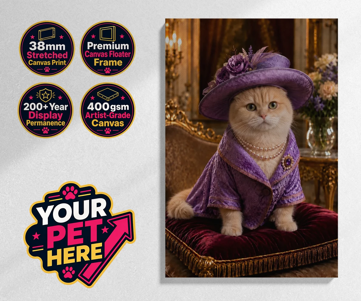 Personalised Paws of the Palace cat stretched canvas print featuring the regal feline who reigns supreme in the world of pampered pets