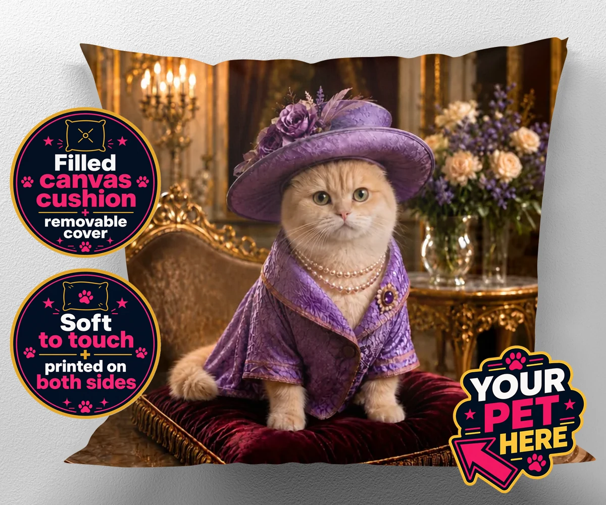 Personalised Paws of the Palace cat canvas cushions featuring the regal feline who reigns supreme in the world of pampered pets