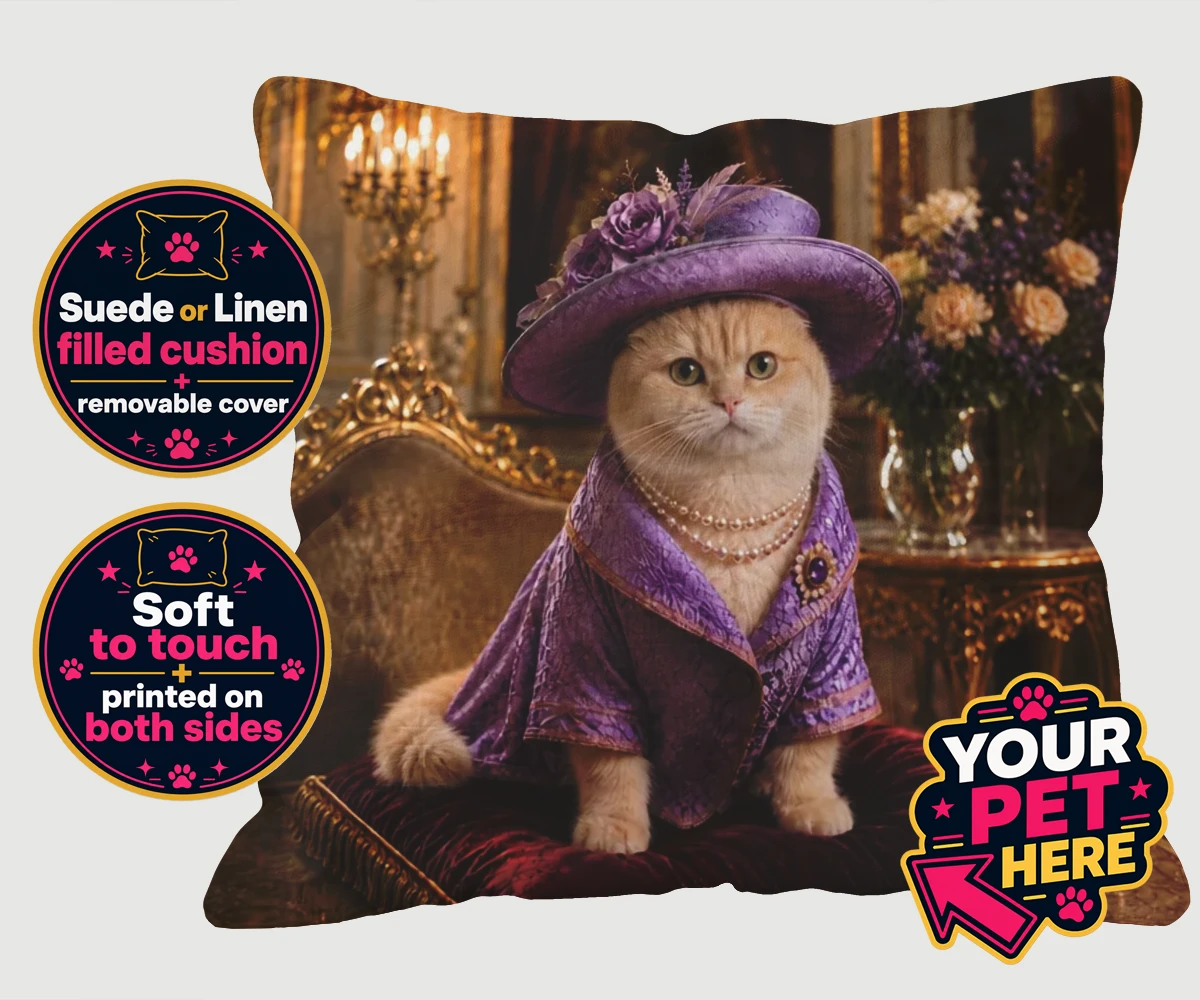 Personalised Paws of the Palace cat cushions featuring the regal feline who reigns supreme in the world of pampered pets