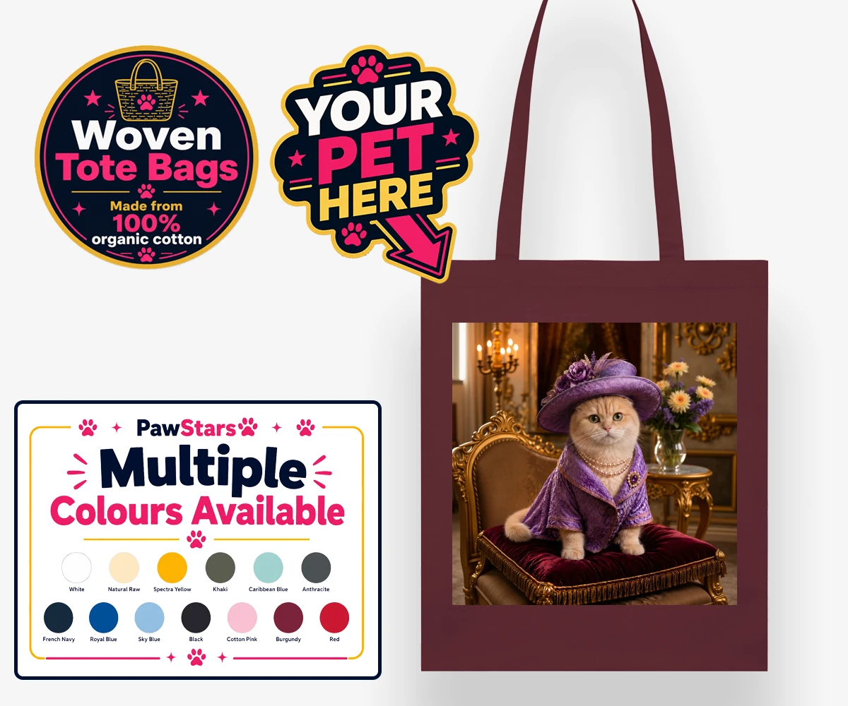 Personalised Paws of the Palace cat woven tote bags featuring the regal feline who reigns supreme in the world of pampered pets