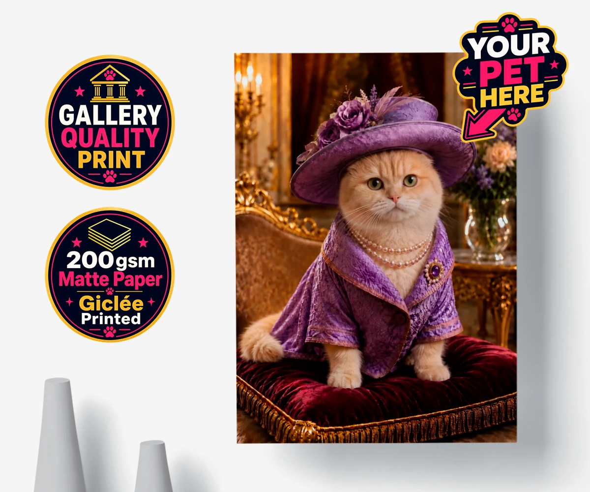 Personalised poster print of Paws of the Palace, a cat in a purple ensemble with pearls and a floral hat, set against luxurious drapes.