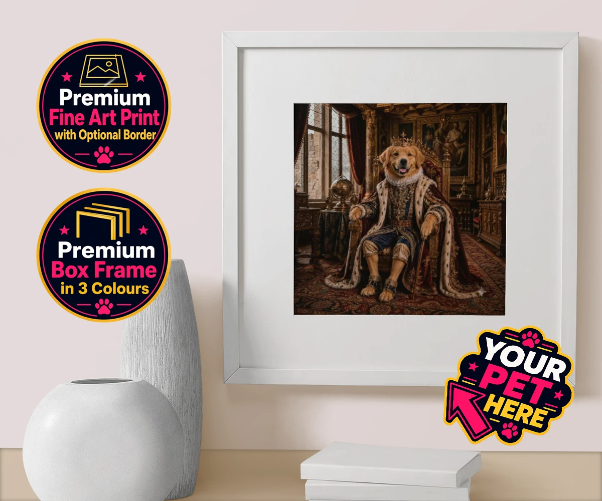 Personalised The Renaissance Paw King dog box framed print featuring where your beloved canine takes centre stage in a splendid portrait th