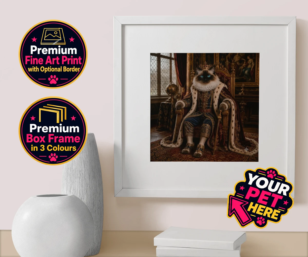 Personalised The Renaissance Paw King cat box framed print featuring a whimsically regal depiction of your feline friend as a majestic mona