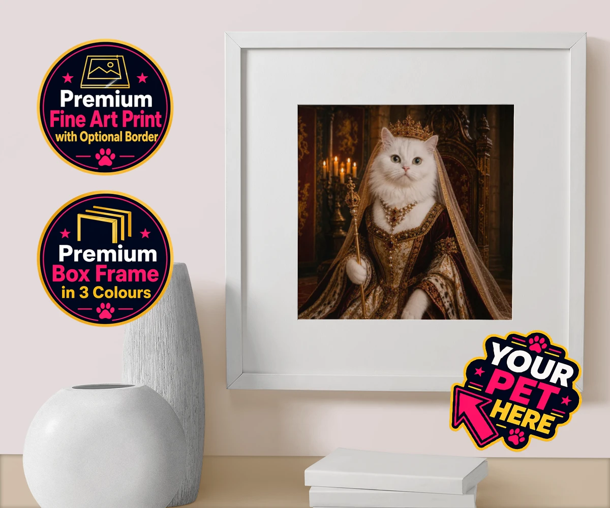 Personalised The Medieval Paw Queen cat box framed print featuring step back in time with our delightful Medieval Paw Queen, a stunning p