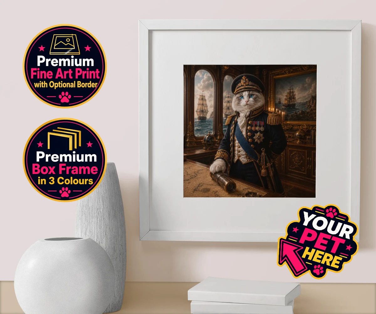 Personalised Royal Navy Admiral cat box framed print featuring meet the Royal Navy Admiral, a regal feline ready to commandeer your h