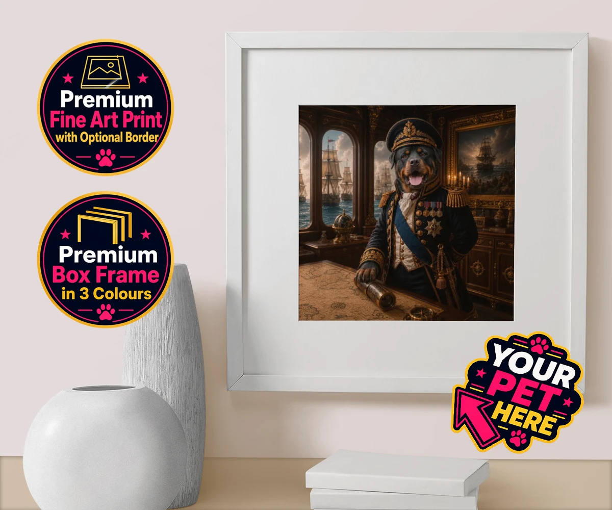 Personalised Royal Navy Admiral dog box framed print featuring meet the Royal Navy Admiral, an enchanting portrait that brings a dash