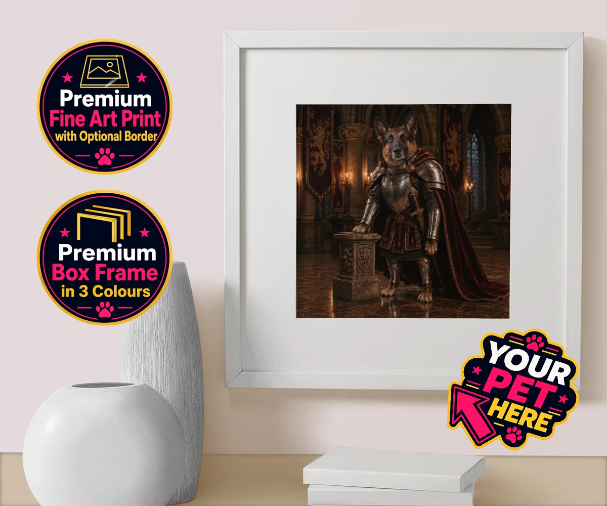 Personalised The Knight Of The Paw Kingdom dog box framed print featuring embark on a regal adventure with "The Knight Of The Paw Kingdom," a sp