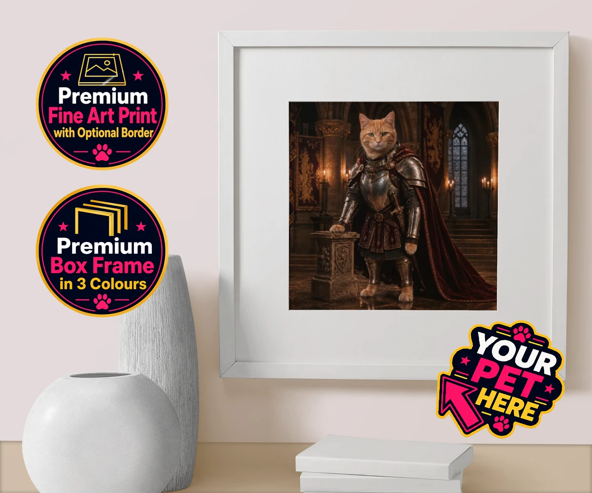 Personalised The Knight Of The Paw Kingdom cat box framed print featuring step into a realm of whimsy with our enchanting portrait of The Knight