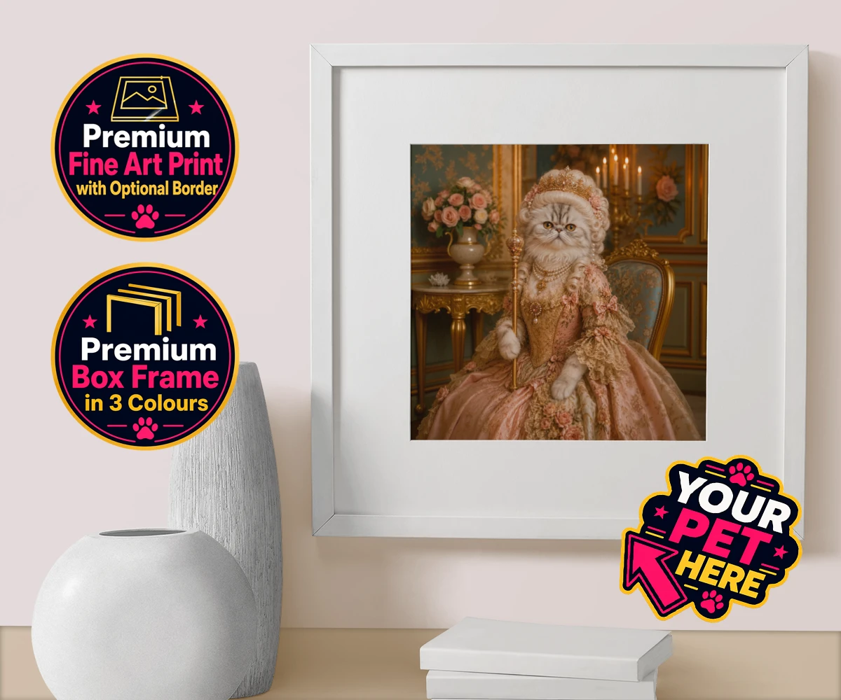 Personalised The Rococo Paw Queen cat box framed print featuring step into a world of opulence with The Rococo Paw Queen, a charming po