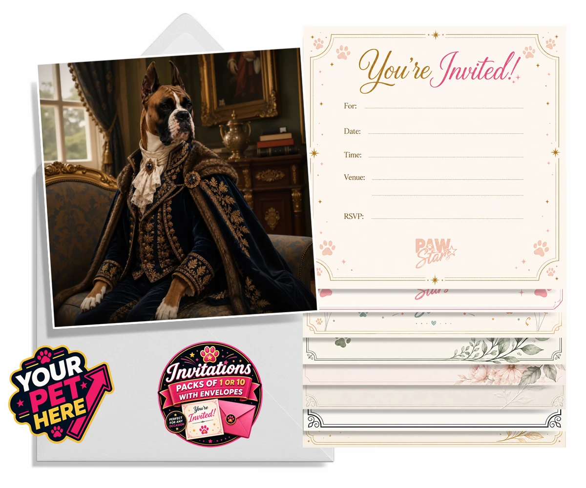 Personalised Paw Duke dog invitations featuring the epitome of canine royalty captured in a stunning portrait that rad