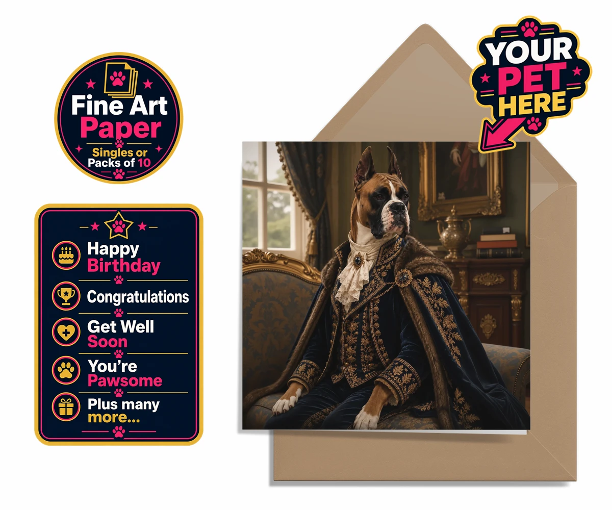 Personalised Paw Duke dog premium greetings cards featuring the epitome of canine royalty captured in a stunning portrait that rad