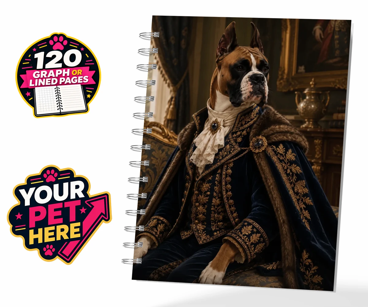 Personalised Paw Duke dog spiral notebook featuring the epitome of canine royalty captured in a stunning portrait that rad