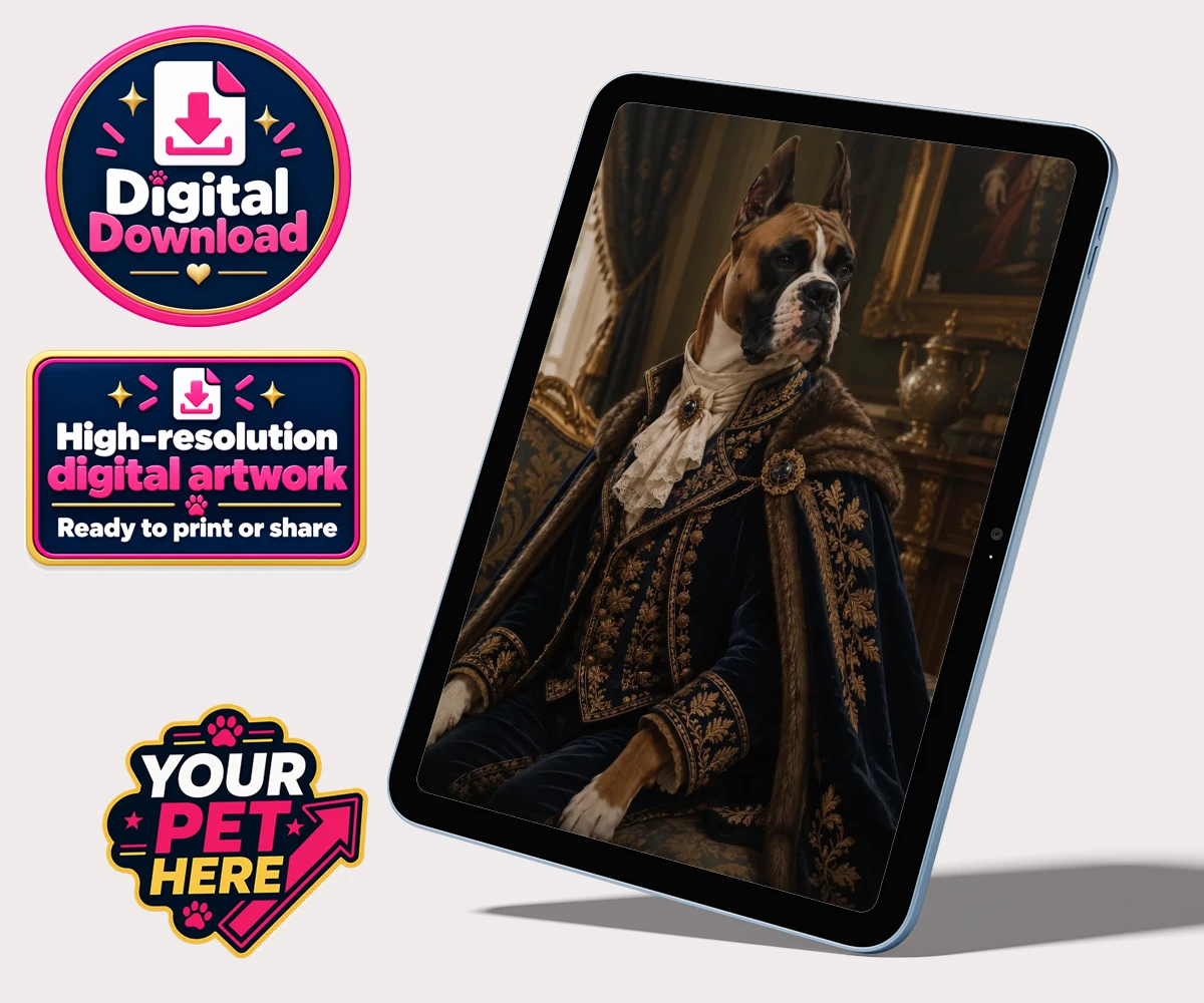 Personalised digital portrait of Paw Duke dog in regal costume with fur-lined cape