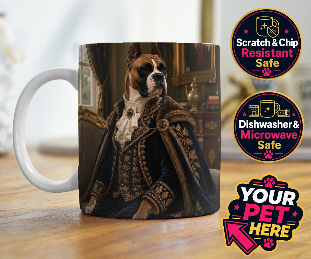 Personalised Paw Duke dog photo mugs featuring the epitome of canine royalty captured in a stunning portrait that rad