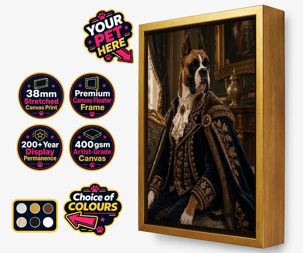 Personalised Paw Duke dog framed canvas print featuring the epitome of canine royalty captured in a stunning portrait that rad