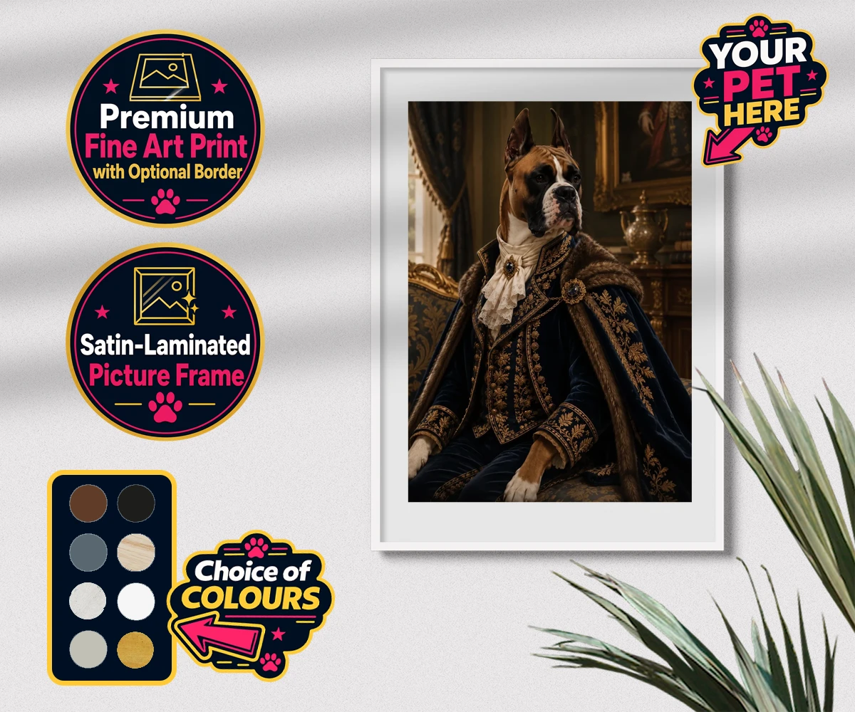 Personalised Paw Duke dog premium framed print featuring the epitome of canine royalty captured in a stunning portrait that rad